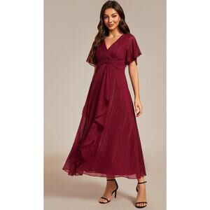 Ever Pretty Metallic Fabric V-Neck A-Line Wedding Guest Dress Ruffled Hem Large